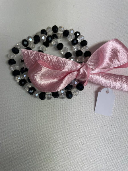 3 piece stretch beaded bracelet w/ribbon/bow Amanda Queen-black/clear w/pink ribbon
