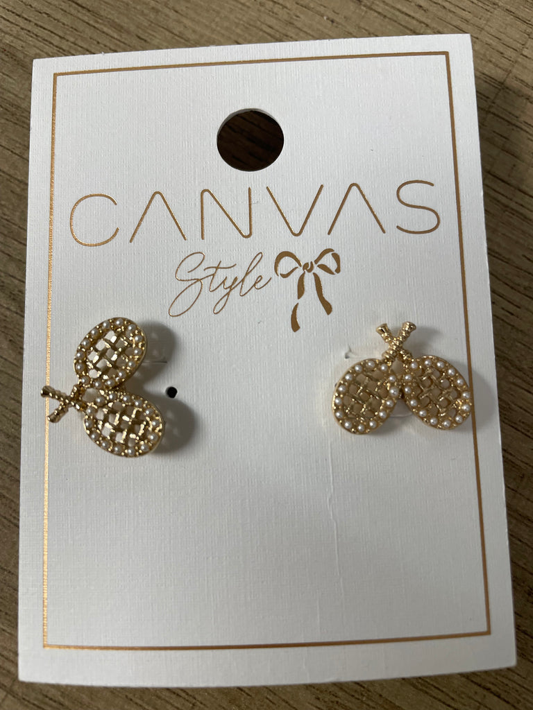 Canvas Style gold small Pickle Ball earrings w/tiny pearls