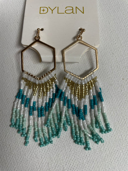 Lotus 3" Beaded Earrings Amanda Queen-white/turquoise