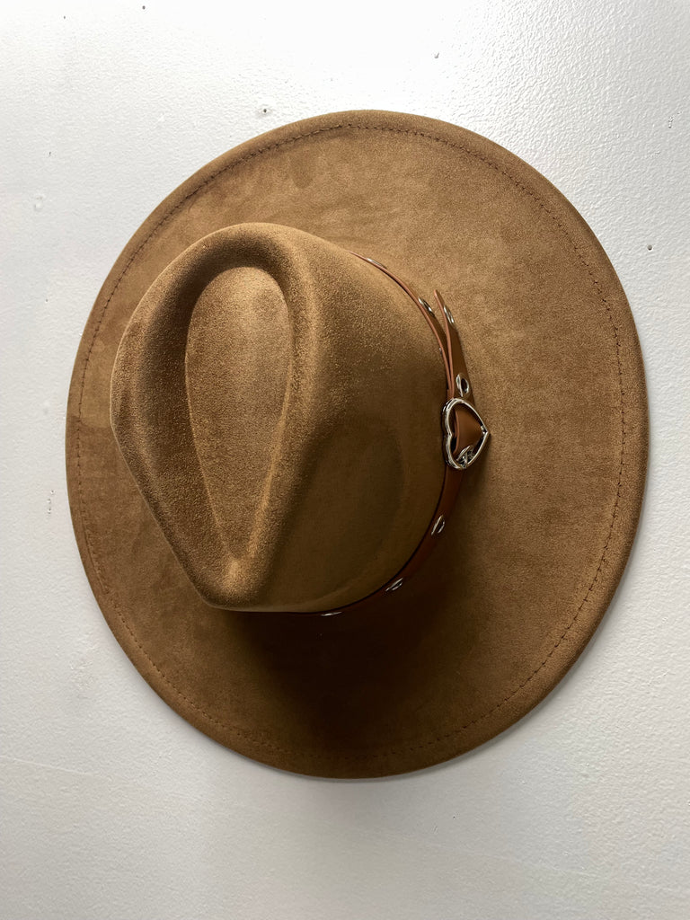 Brown Cowboy Hat w/faux leather trim with gold circles /w heart