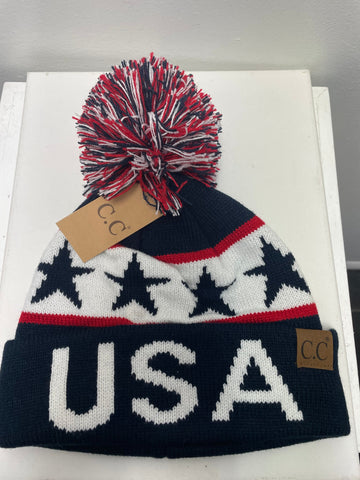 USA Red/White/Navy Beanie w/pompom