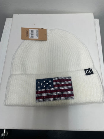 White C. C. Beanie w/rhinestones of USA Flag Amanda Queen