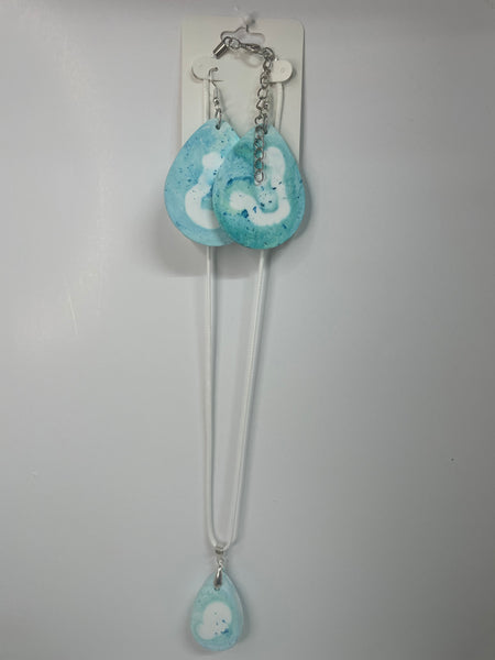 Ceramic Necklace Earring Set-Teal white
