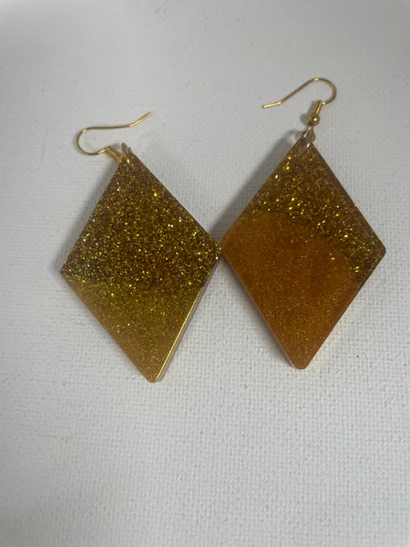 Resin Sparkle Earrings-Gold sparkle Diamond shape