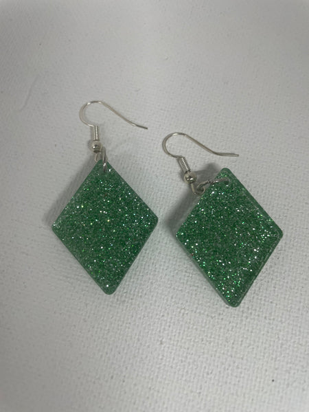 Resin Sparkle Earrings-Green Sparkle Diamond Shape