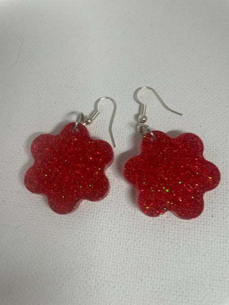 Resin Sparkle Earrings-Red Flower Shape