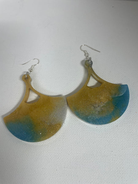 Resin Sparkle Earrings-Gold/Blue Half Moon