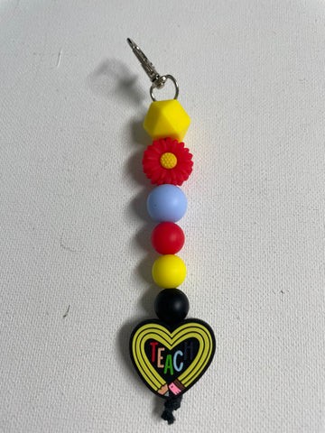 5"Straight Teacher Key Chain Beaded w/charm -pencil heart teacher