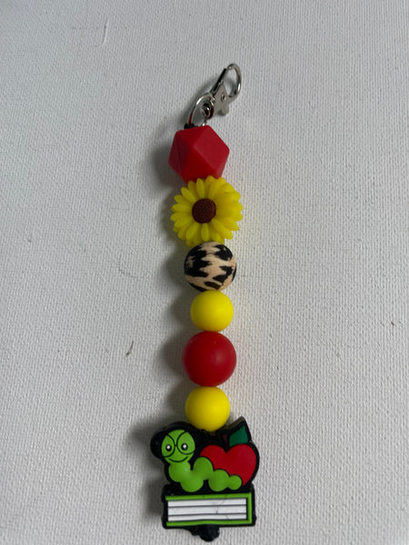 5"Straight Teacher Key Chain Beaded w/charm -green worm/apple on book
