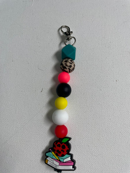 5"Straight Teacher Key Chain Beaded w/charm red apple on books