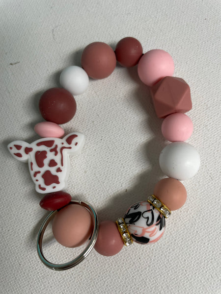 7"Round Pink/brown/white beaded cow Keychain Bracelet-white brown spots