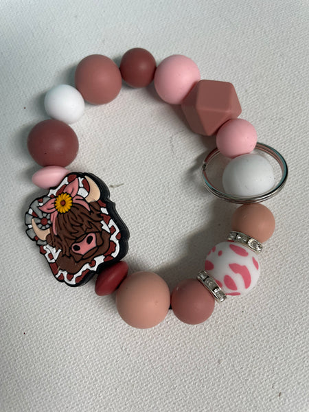 7"Round Pink/brown/white beaded cow Keychain Bracelet-highland cow
