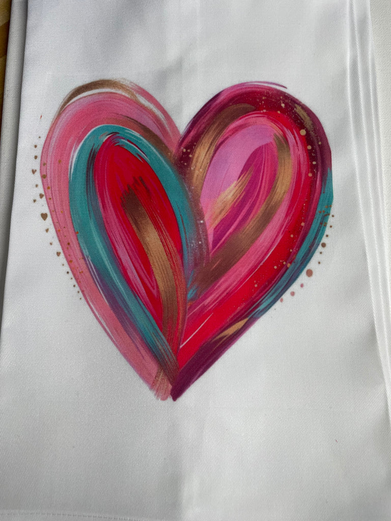 White Tea Towel with Colorful Heart - Kitchen Dish Towel