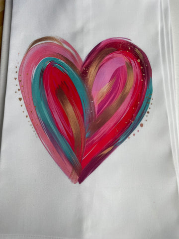 White Tea Towel with Colorful Heart - Kitchen Dish Towel