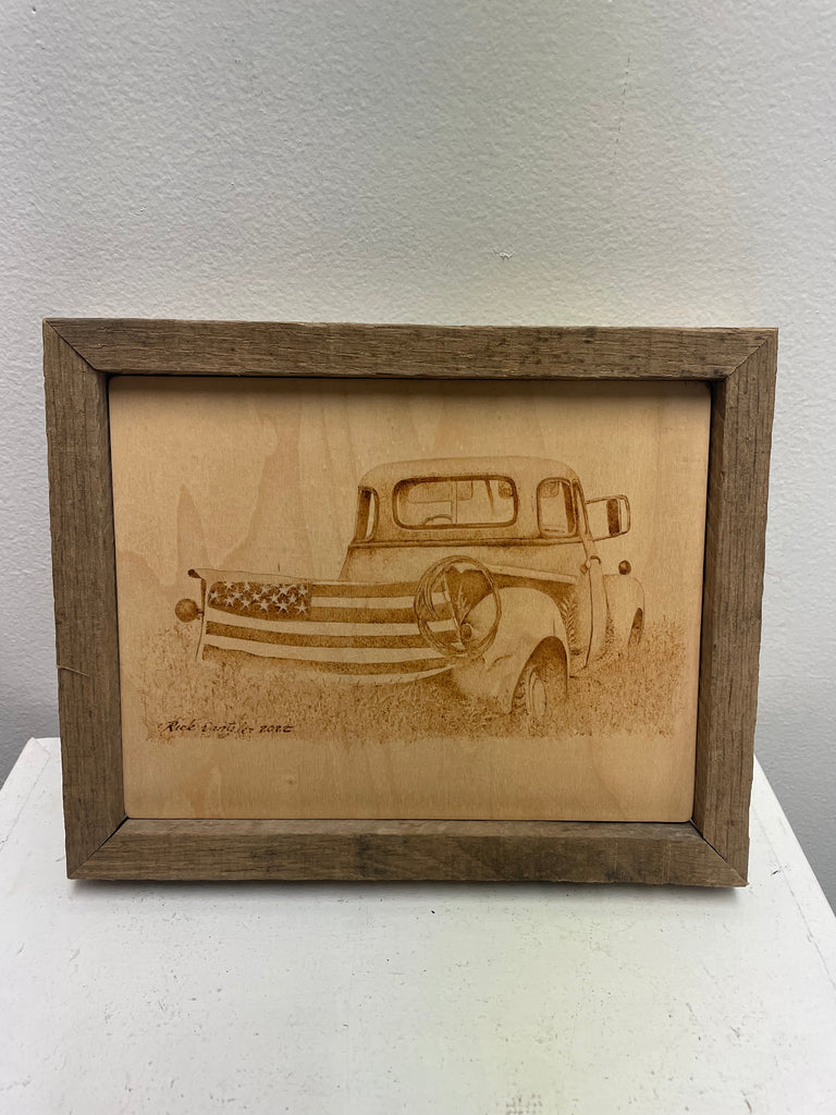 Hand-Made Wood Burned 8"x10" Framed Picture - Rustic Wall Art-truck