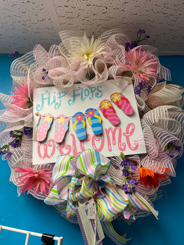 Multi Color Baby Door Wreath Flip Flop Welcome - Nursery Decor Gift