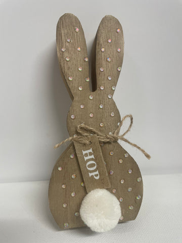 Easter Bunny Wooden Blinged Shelf Sitters-Brown with cotton ball tail