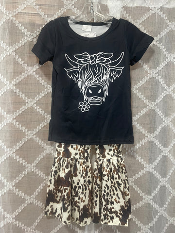 Girls Black/Highland Cow/Flared Leopard Pant Set