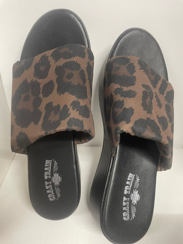 Crazy Train Leopard Slip On Black Wedge Sandals