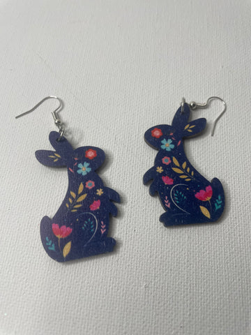 Wooden Navy Bunny w/Flower Dangler Earrings