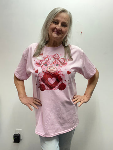 Valentine Pink Gildan T-shirt w/Pink/Red Highland Cow OhhMy! Gifts and Things, LLC