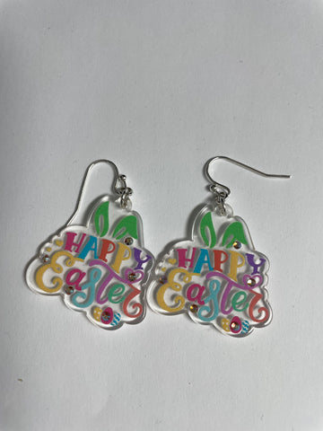 Acrylic Multi color Happy Easter Earrings w/green ears Whitney Wilkins