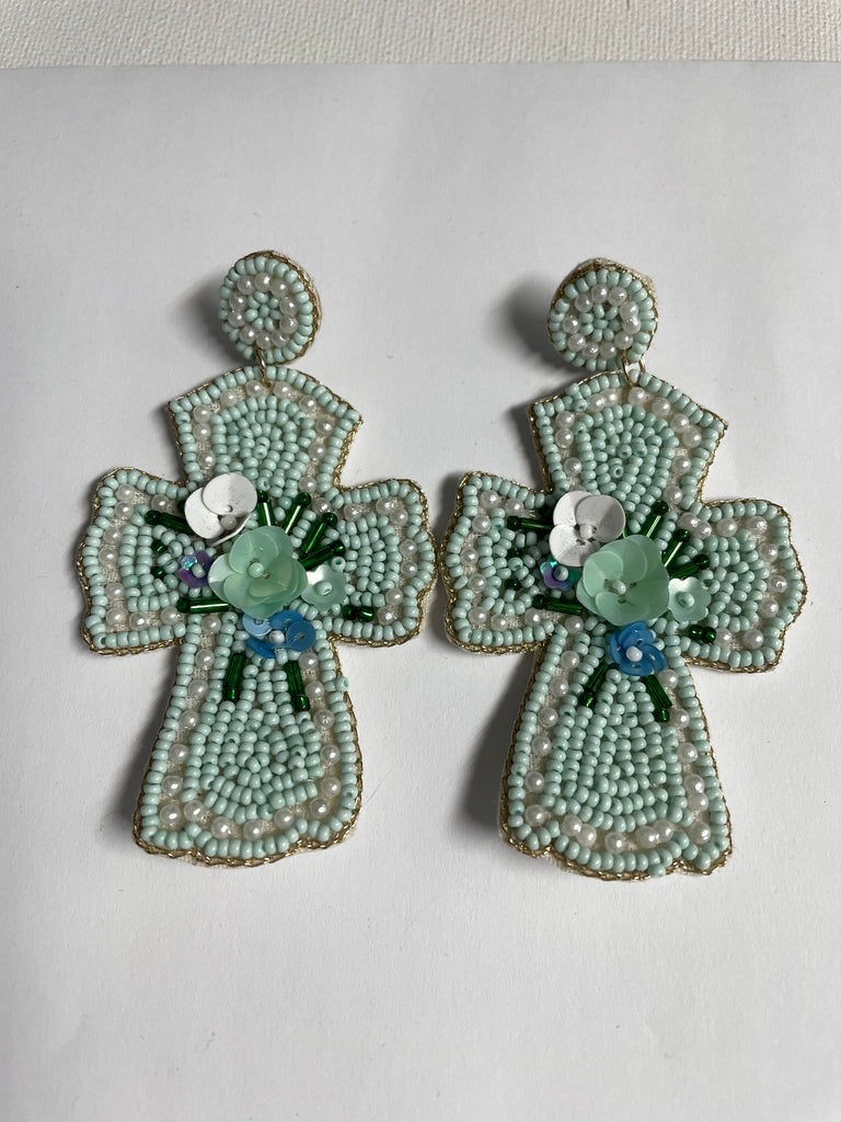 Large Beaded teal with white Cross stud earrings Whitney Wilkins