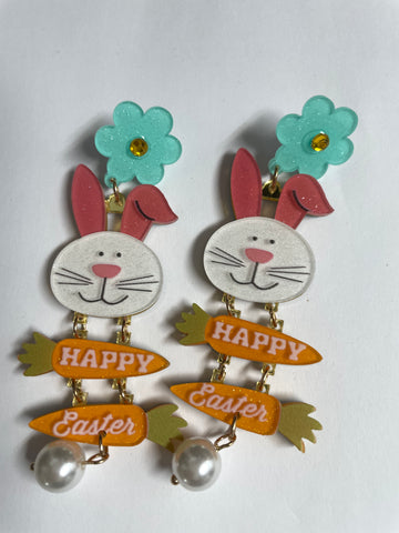 Happy Easter Bunny face w/carrots and teal flower studs Whitney Wilkins