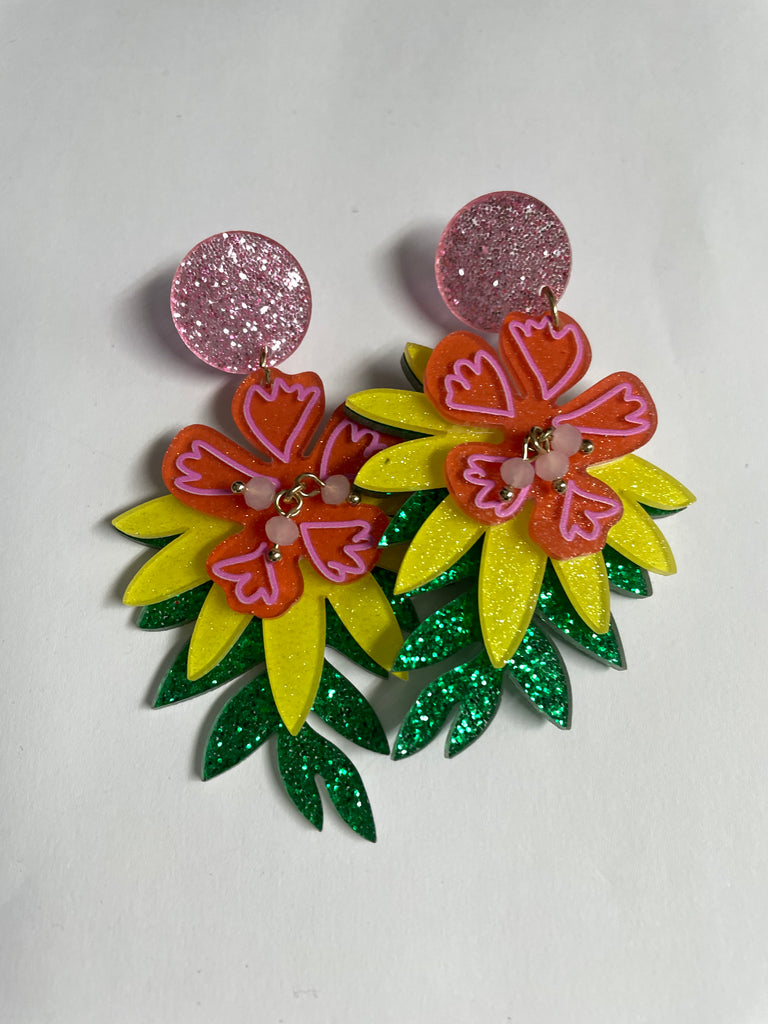 Large Yellow/green/pink dangle Flower earrings w/glitter pink stud Whitney Wilkins