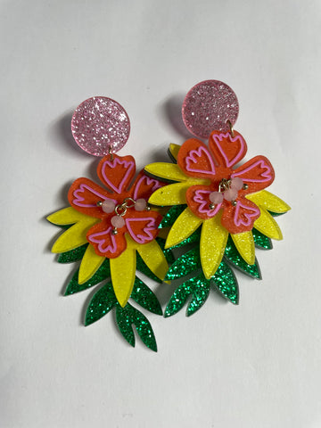 Large Yellow/green/pink dangle Flower earrings w/glitter pink stud Whitney Wilkins