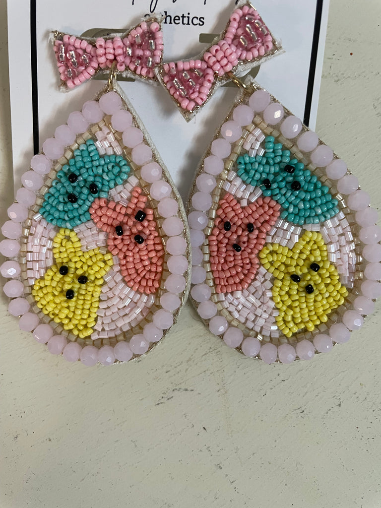 Large Teardrop Beaded Easter Earrings w/3 rabbits & small beaded pink bow Whitney Wilkins