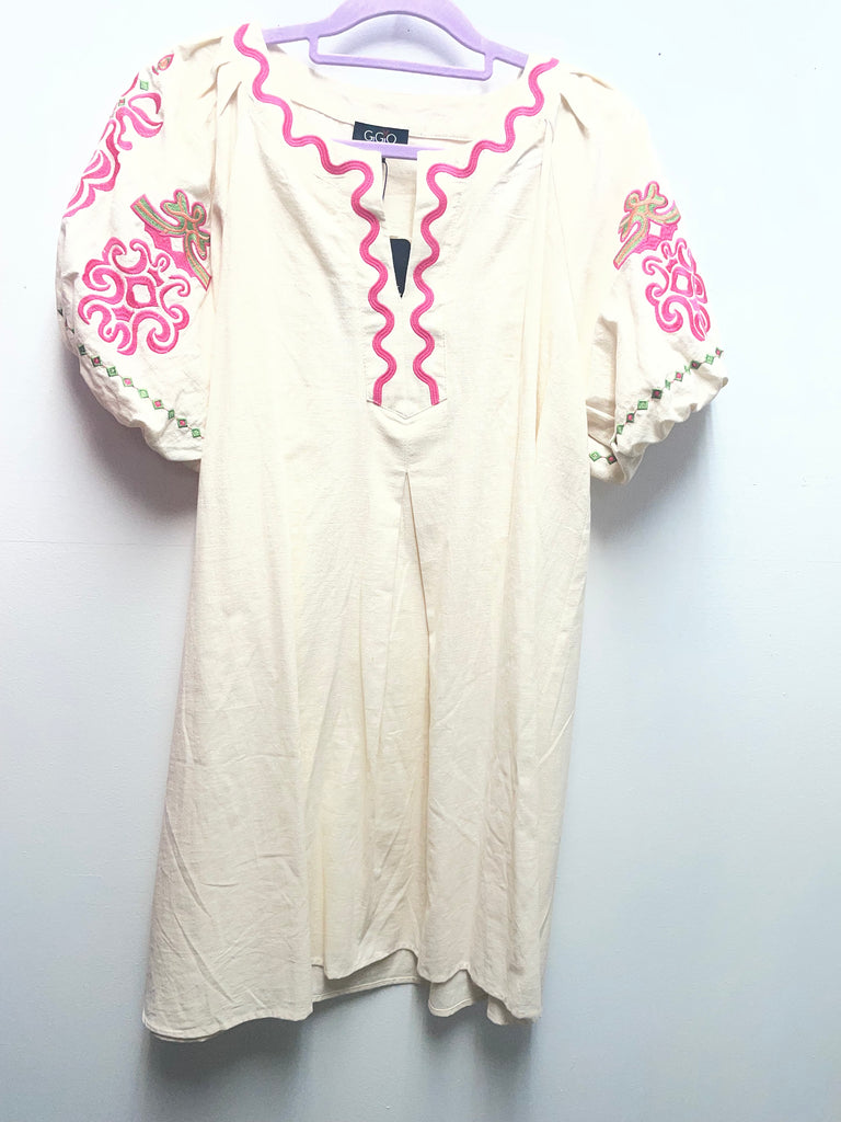 GiGiO Cream Embroidered Dress - Pink & Green Floral Detail Women's Dress Amanda Queen