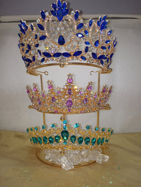 gold and blue tiara, gold and lavender tiara, gold and teal tiara