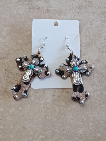Cowhide Cross Earrings
