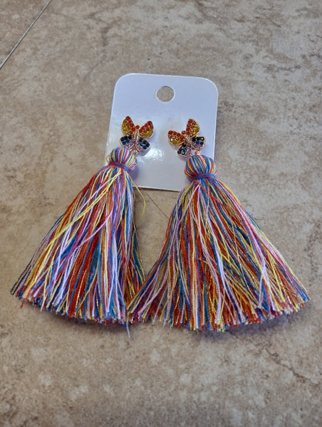 Studded Butterfly Earrings w/Fringe/multicolor