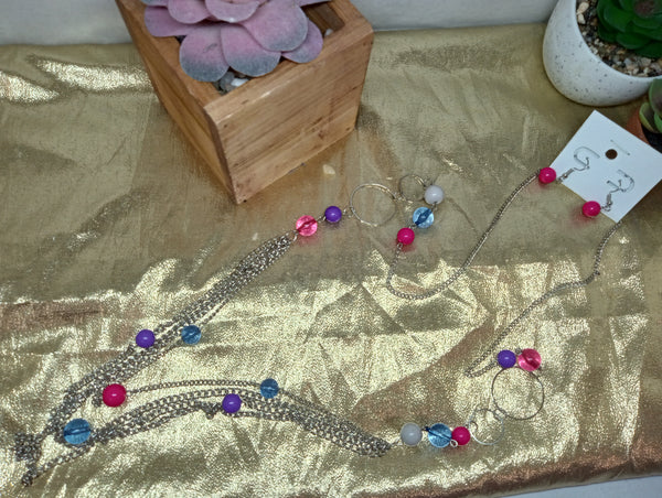 Long Necklaces and Earring Set-Silver/Pink/Blu/Purple
