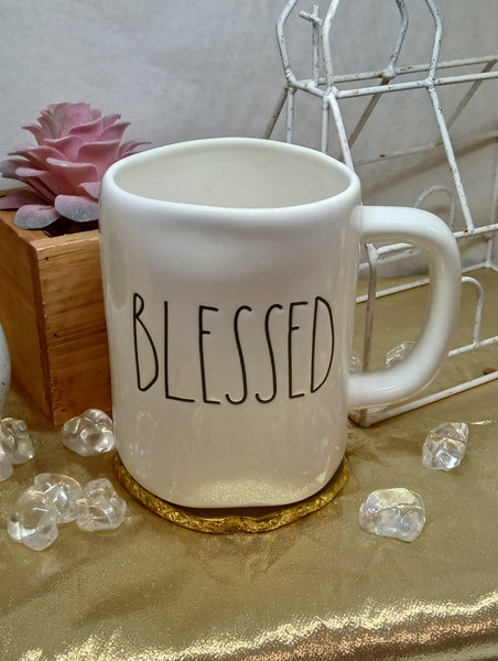 White coffee mug w/blessed on front