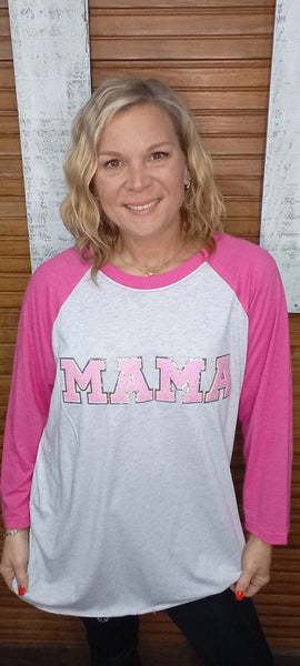 Raised Letter T-Shirts-MAMA-White/Pink Sleeve  Pink Sleev-half sleeve