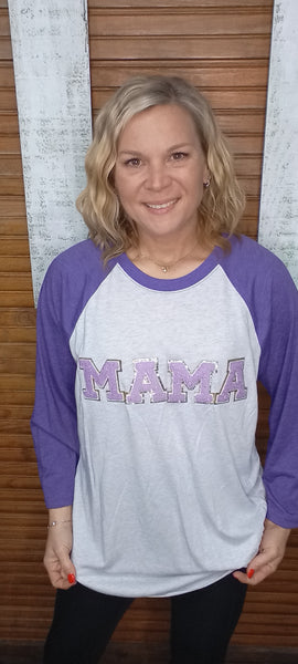Raised Letter T-Shirts-MAMA-White Purple Sleeve-half sleeve