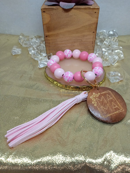 Beaded Stretch Key Chain Bracelets w/Tassel-Pink