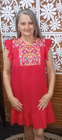 Red Sleeveless Embroidery Dress
