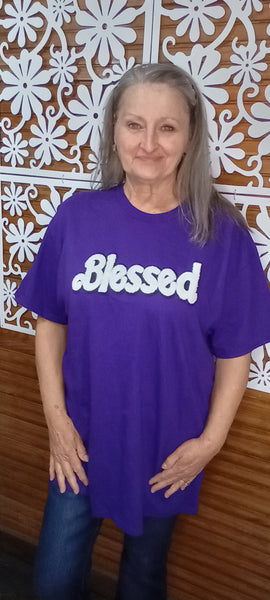 Short Sleeve T-Shirts-Purple Raised Letters Blessed