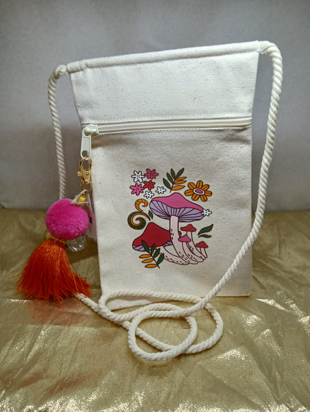 Canvas Purse w/Rope Strap-Pink Mushrooms w/flowers