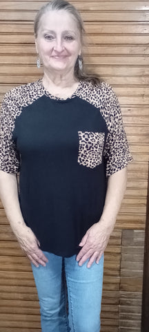 Black Shirt w/Leopard Sleeve and Pocket