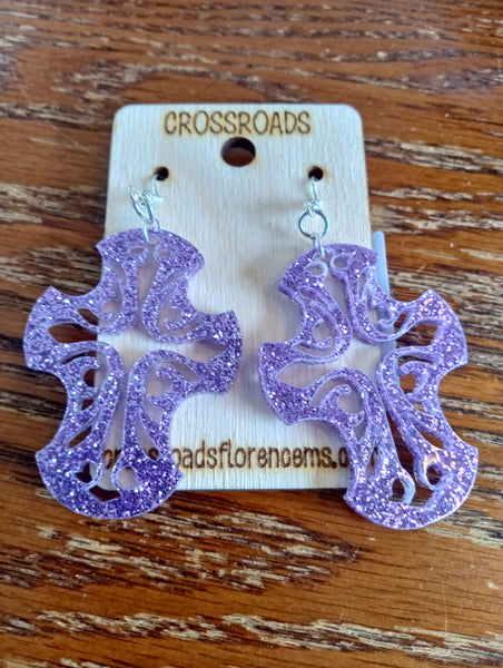 Cross Earrings-Purple Glitter
