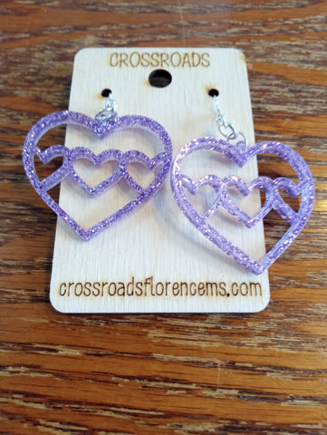 Triple Heart Earrings-Lavender Glitter