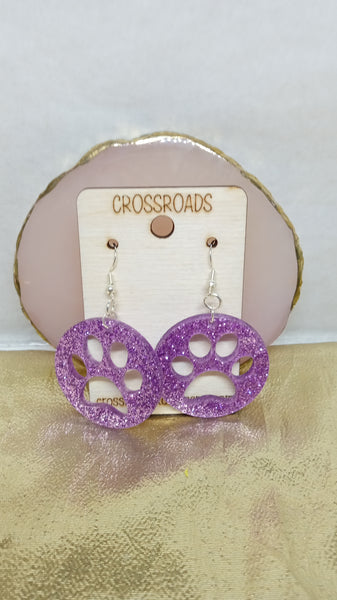 Circle Paw Print Earrings-Purple Glitter