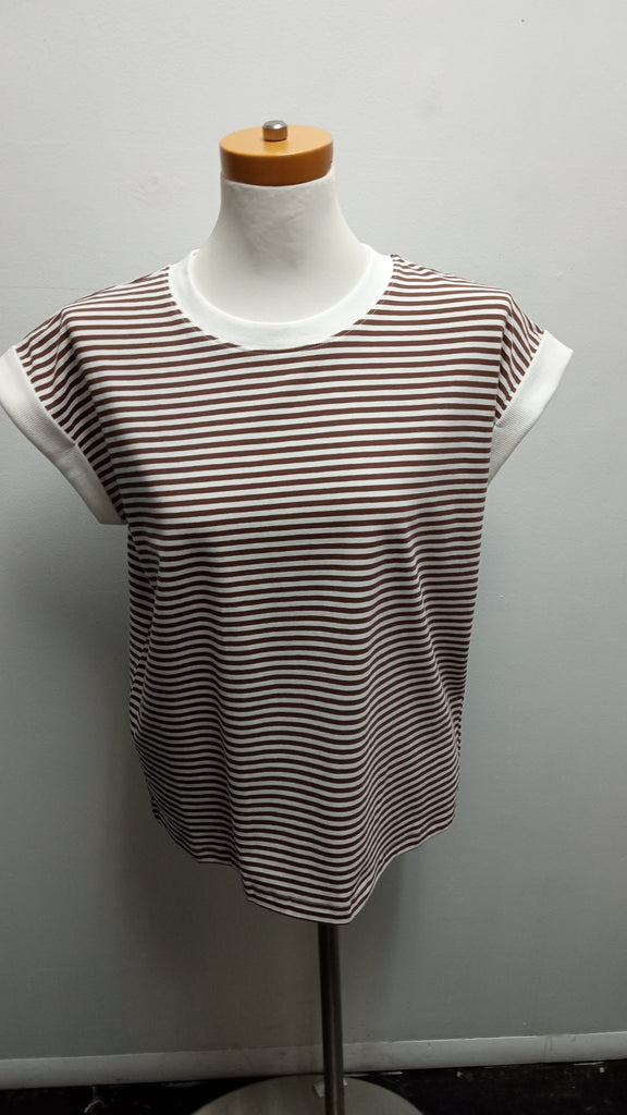 Zenana Brown & White strip top w/cuff sleeves Amanda Queen