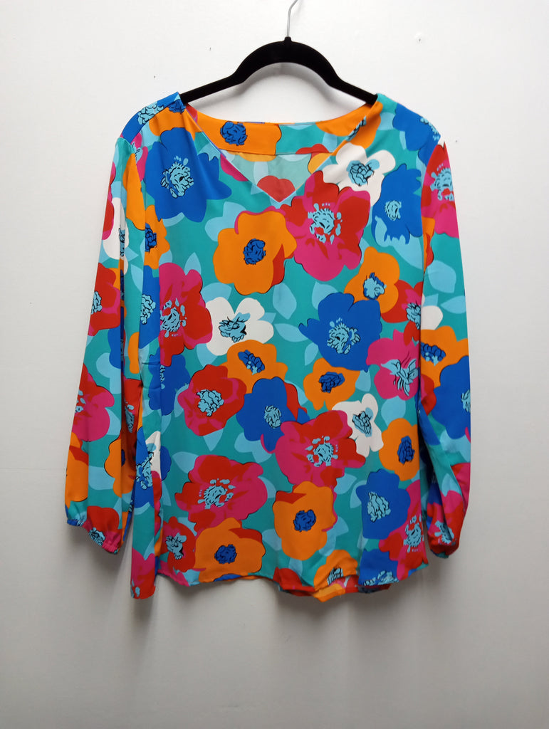 Turquoise Long sleeve Small top w/large blue/orange/pink floral print Kay Kayla