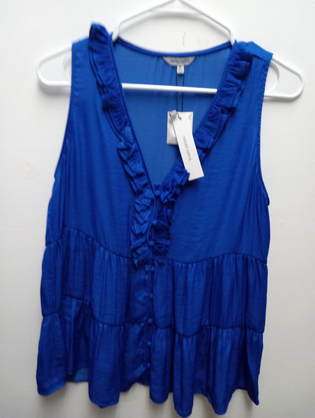 Naked Zebra Tiered Sleeveless Top | Flowy Women's Top in Blue & White Amanda Queen